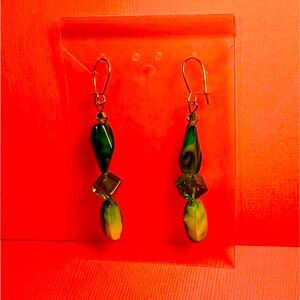 Earrings Pierced Handcrafted Unique Design Women Green Glass Beads & Yellow Mix